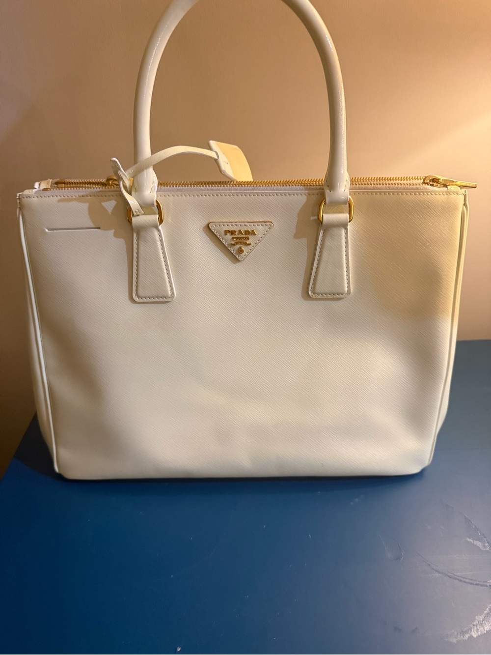 Prada Cream Saffiano Leather Structured Tote with Gold Hardware